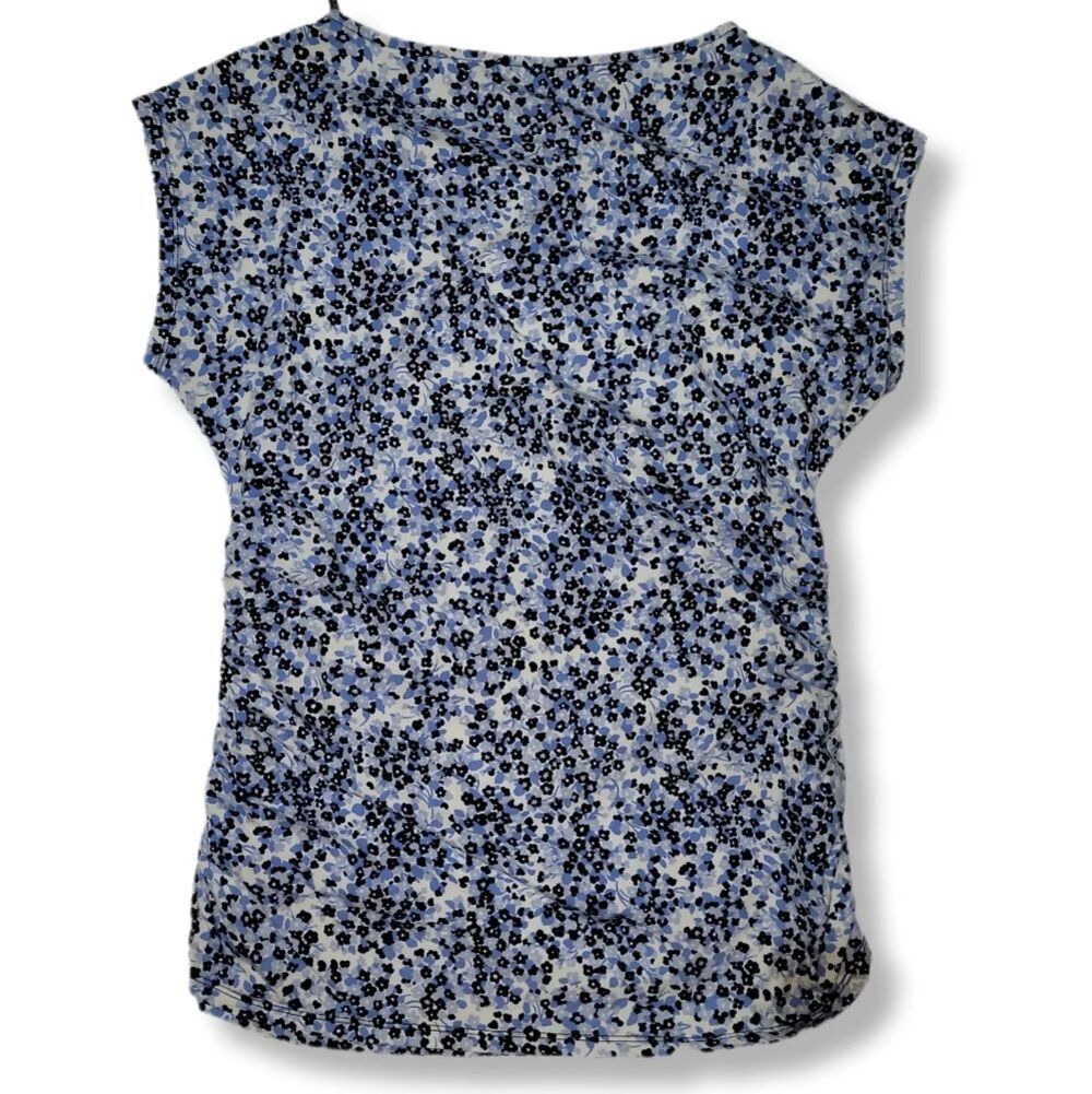 Michael Kors Blue Micro Floral AOP Ruched Fitted Blouse with Cap Sleeves - Picture 2 of 8